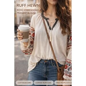 Ruff Hewn Boho Embroidered Peasant Blouse Cream Red Size S